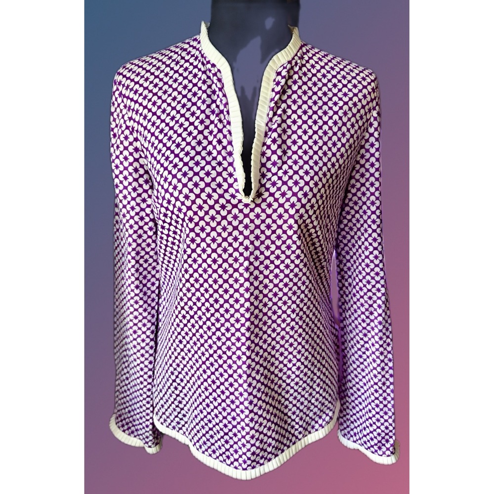Tory Burch‎ Purple White Geometric Floral Cotton Tunic Top Split Neck 2 33061114